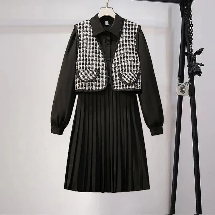 Chic Plaid Print Vest Long Sleeve Pleated Dress Two Pieces Set - Modakawa modakawa