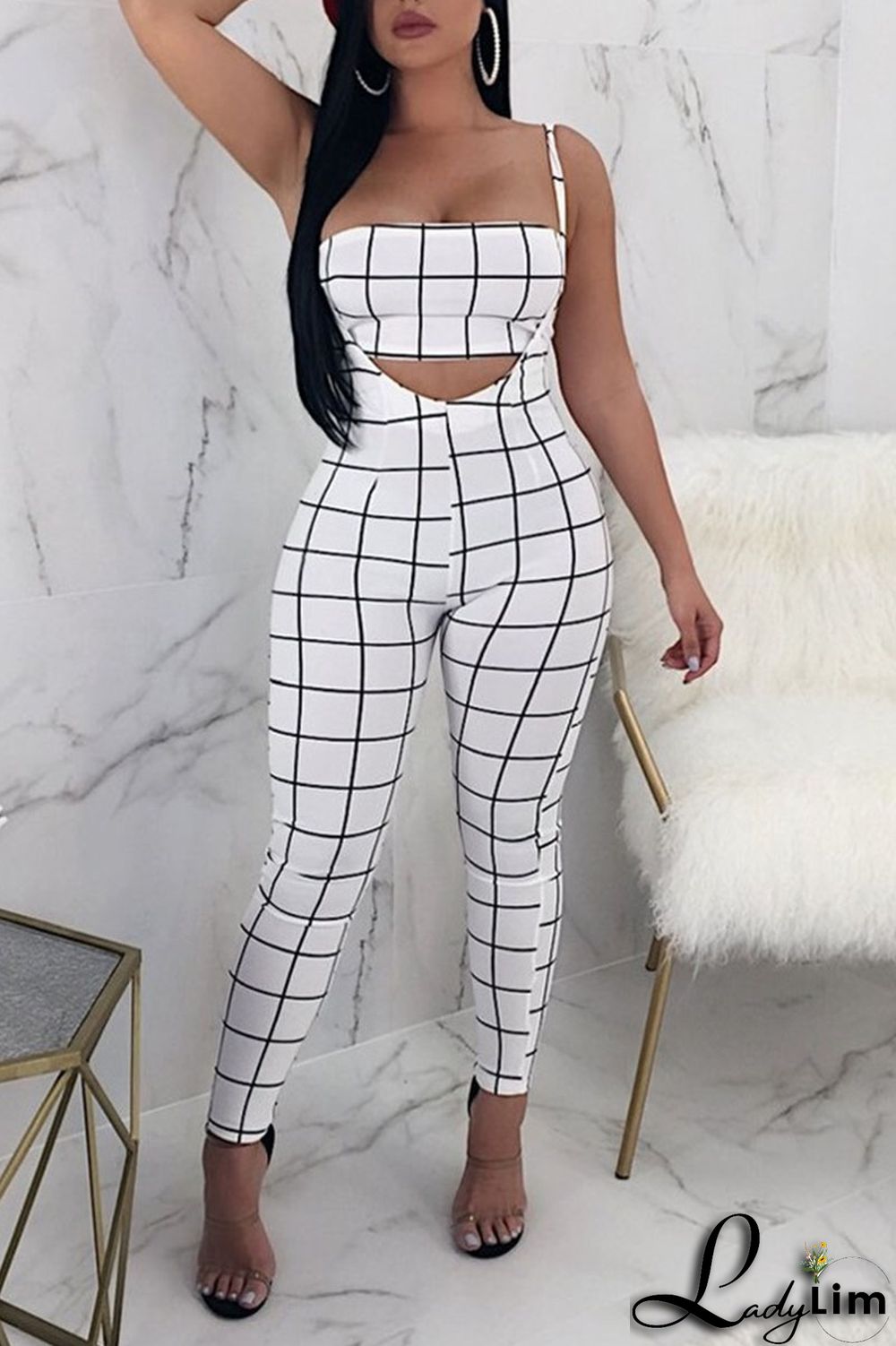 Deep Blue Sexy Plaid Print Split Joint Spaghetti Strap Sleeveless Two Pieces