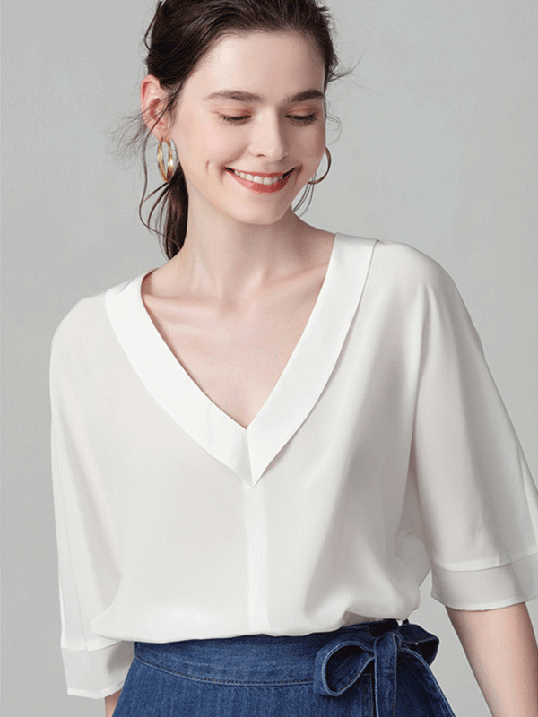 Pleat V-neck Half Sleeve Silk Blouse-Luxury Silk Life