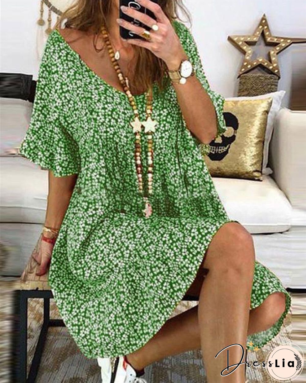 Casual Floral Printed Crew Neck Short Sleeve Plus Size Dress