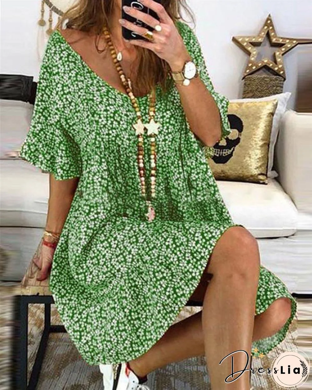 Casual Floral Printed Crew Neck Short Sleeve Plus Size Dress