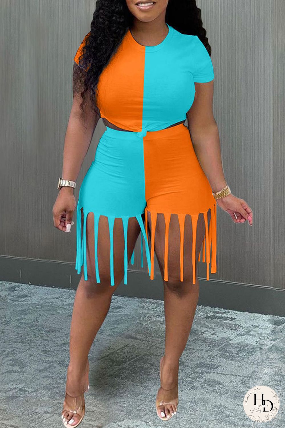 Yellow Blue Fashion Casual Patchwork Tassel O Neck Short Sleeve Two Pieces