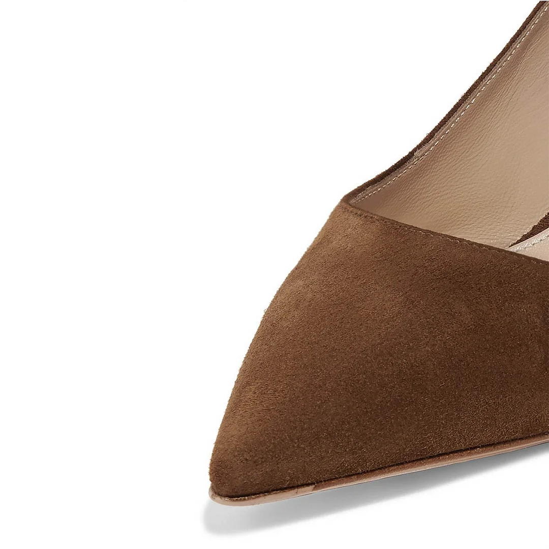Brown Vegan Suede Pointed Toe Slingback Low Heel Pumps with Buckle