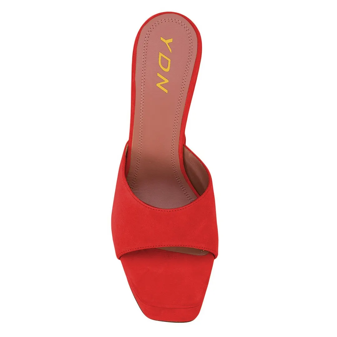 Casual Red Wide Strap Square Toe Platform Flared High Heels Sandals