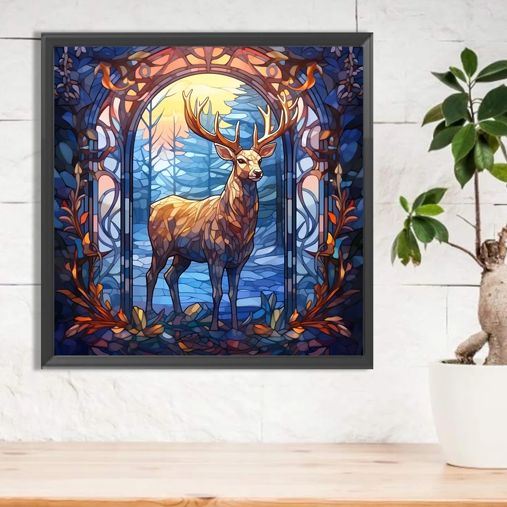Diamond Painting - Full Round Drill - Stained Glass Xmas Elk(Canvas|30*30cm)