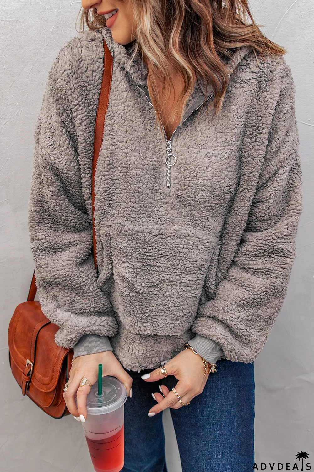 Gray 1/4 Zip Hooded Sherpa Sweatshirt with Kangaroo