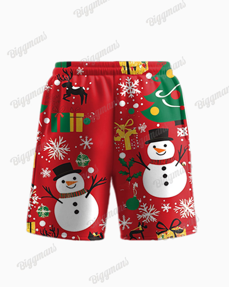 Men's Plus Size Christmas Red Snowman Elk Cartoon Tie Print T-Shirt Shorts Suit