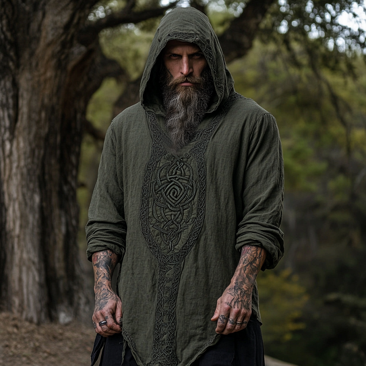 Simpfit Herren Nachahmung aus Baumwolle und Leinen Kapuzenhemd Wikinger-Tribal-Drucken-Stil mit keltischem Inspir