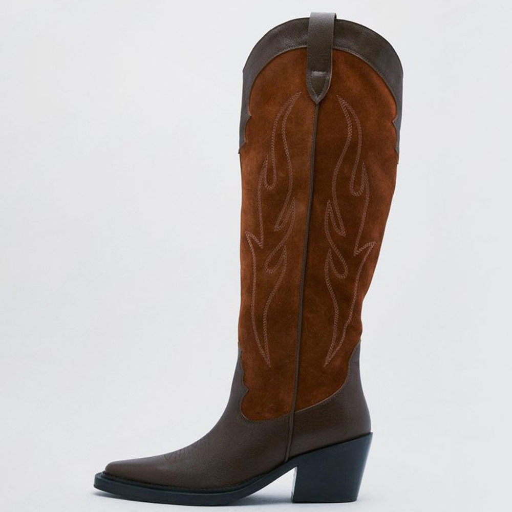Vegan Suede Splicing Embroidered Knee High Cowgirl Boots in Brown
