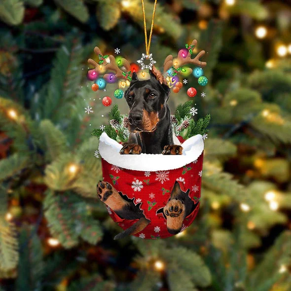 Dobermann In Snow Pocket Christmas Ornament.