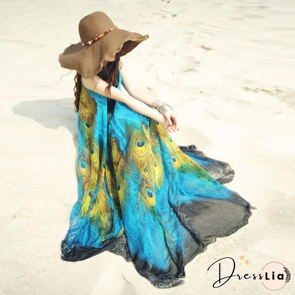 Women Maxi Evening Party Dress Summer Boho Long Beach Chiffon Peacock Dress M-XXL