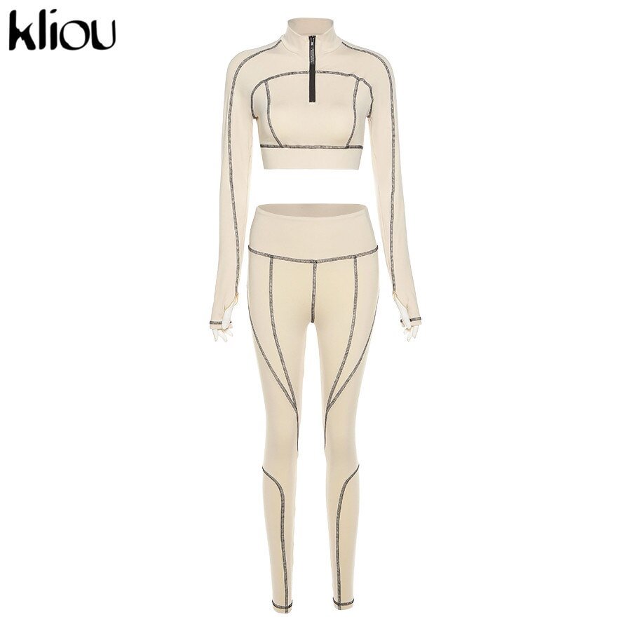 Kliou Striped Casual Elastic Two Piece Set Women Zipper Cropped Top+High Waist Leggings Skinny Workout Sporty Matching Sets