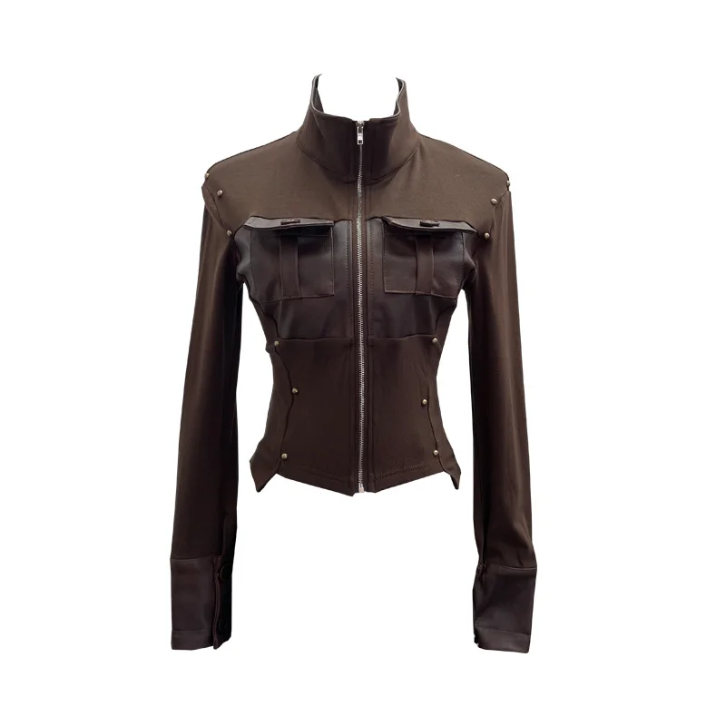 Nigikala Nigikala Modern Zipper Collar Spliced Pu Leather Shirt Babes Short Jacket Coat Fur Coat 1365