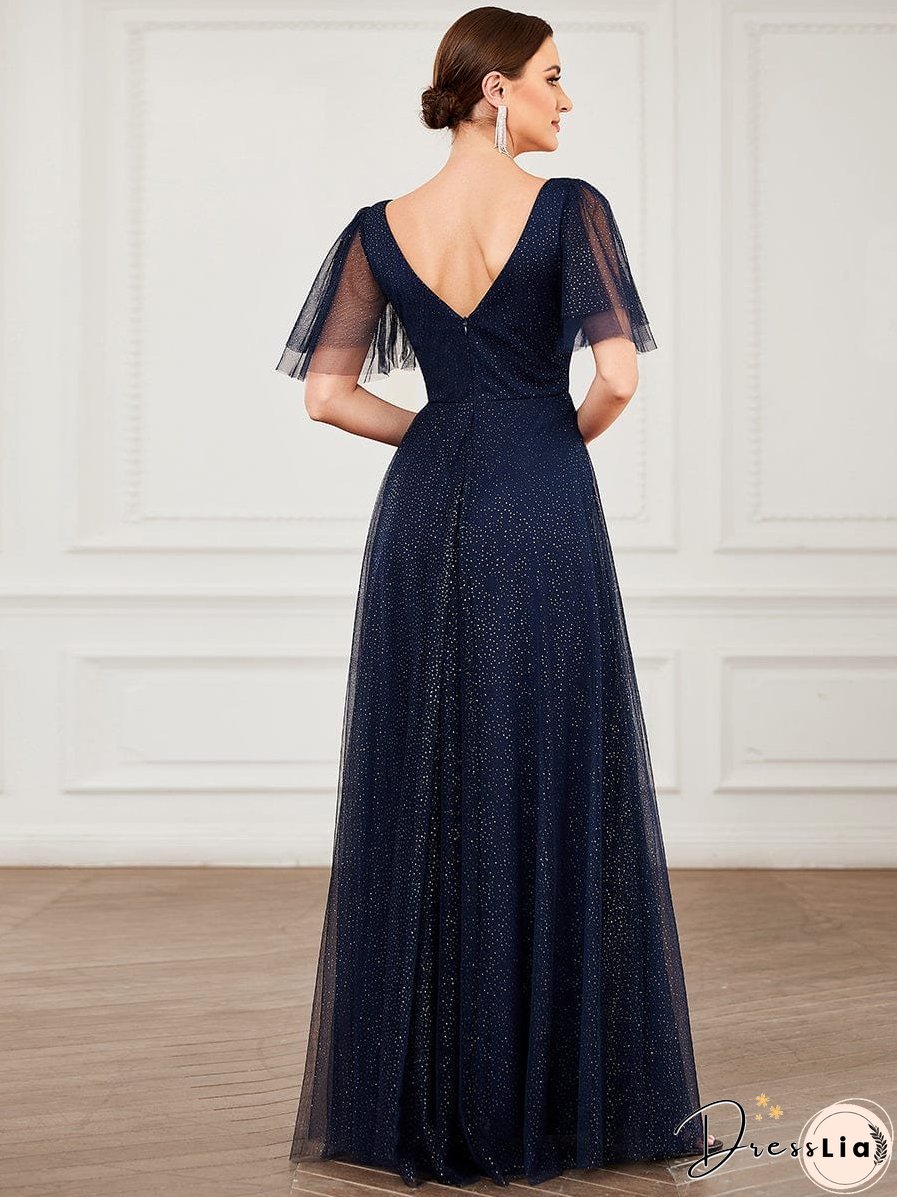 Elegant Golden Stamped Ruffle Sleeve Evening Gown