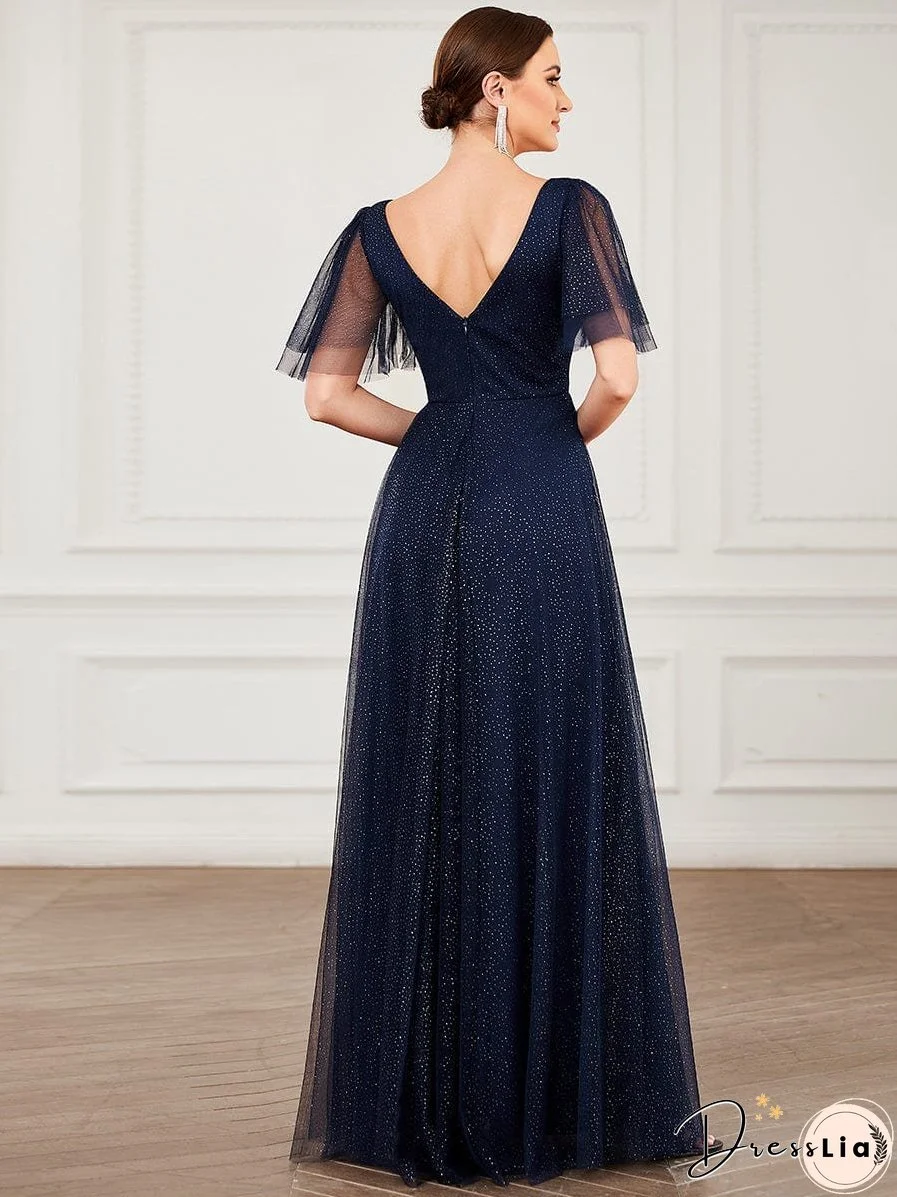 Elegant Golden Stamped Ruffle Sleeve Evening Gown