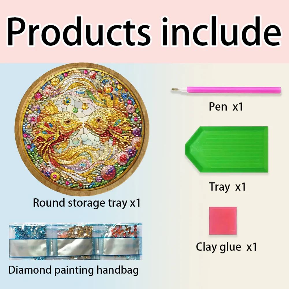 DIY Diamond Painting Kit Round Wooden Tray Diamond Painting Tray for Home (Fish)