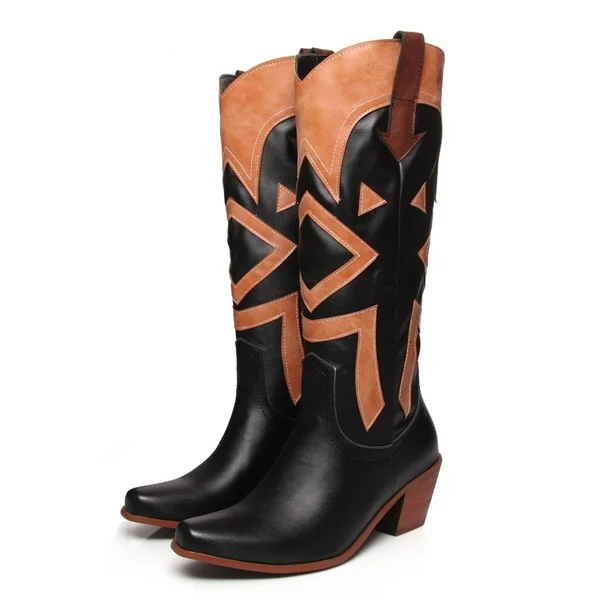 The New Style Western Cowboy Boots For Women Pointy Toe Cowgirl Boots Square Heels Knee High Boots Retro Women Boots