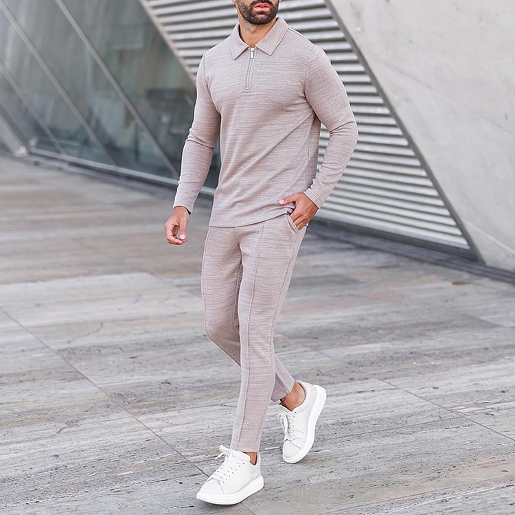 BrosWear Men's Solid Color Casual Long Sleeve Polo Shirt And Pants Two Piece Set
