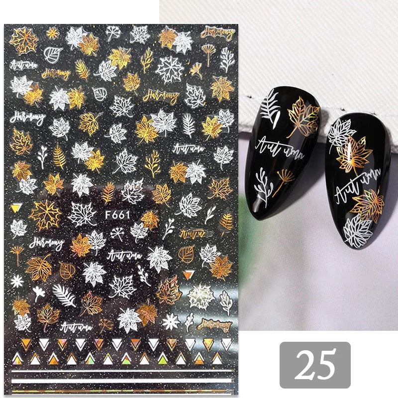 1PC Gold Black Bronzing Leaves Tree 3D Nail Sticker Iridescent Geometrics Lines Adhesive Transfer Sticker DIY Nail Decoration-Nail Inspo