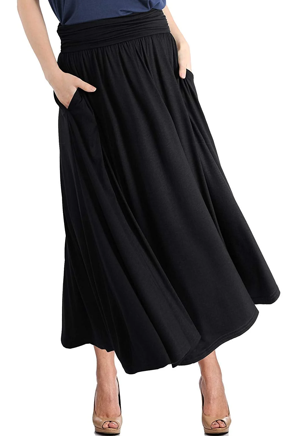Maxi Skirt High Waist Fold Over Pocket Shirring Skirt