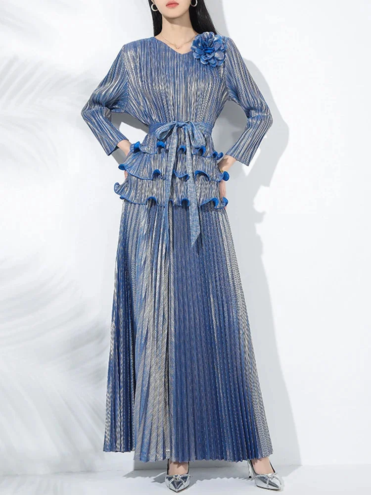 Stylish Blue V-neck Lace-up Ruffled Hem Long Sleeve Pleated Top And Pleated Wide-Leg Pants Set