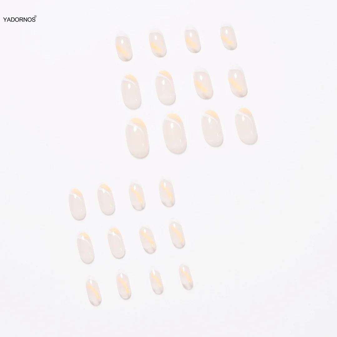 Fake nails Patch Mid Length Pointed Head Nails White Orange Lines Nail Art Finished Nail Piece 24PCS Glue Type Best Gifts TY-Nail Inspo