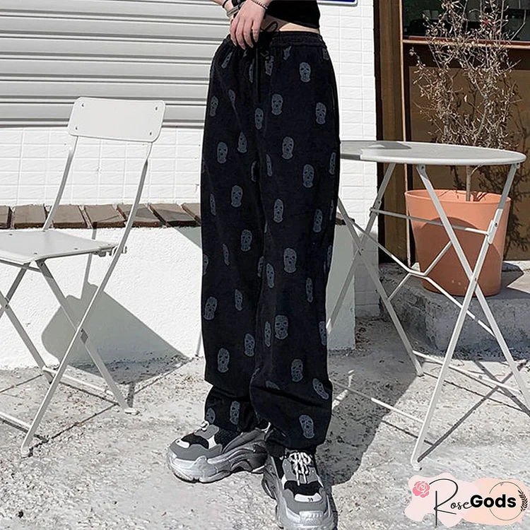 Women Corduroy Wide Leg Pants High Casual Pants Student Loose Sports Trousers All Match Skulls Spring Comfortable Retro Pants