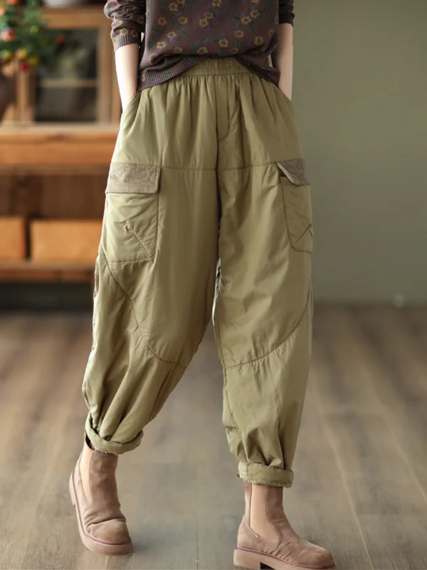 Vintage Loose Split-Joint Solid Color Elastic Waist Padded Harem Pants