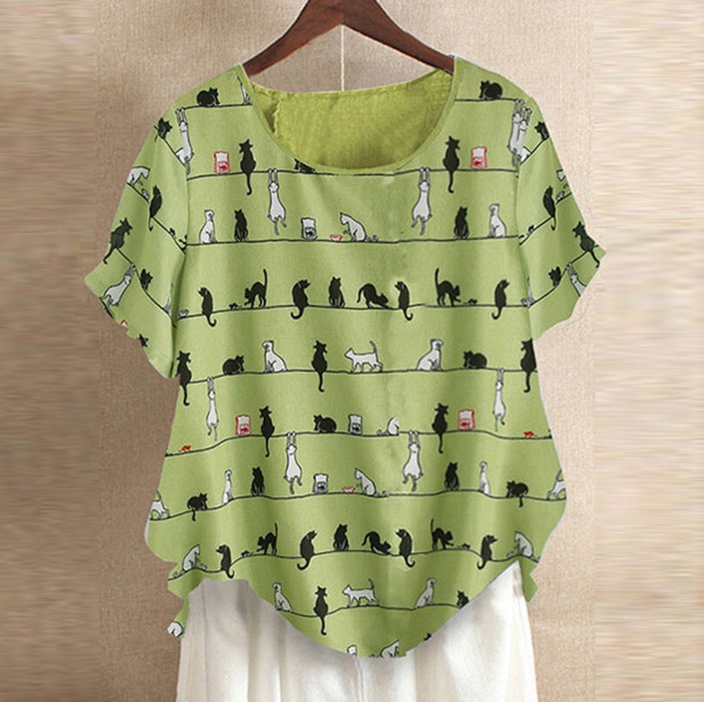 Plus Size Fashion Cotton Linen Blouse Shirt Cute Cat Print Tops Casual Summer Ladies Female Women Short Sleeve Blusas Pullover