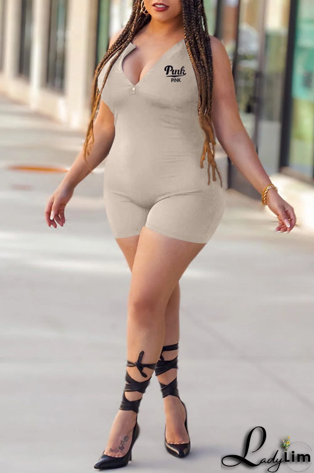 Blue Fashion Casual Letter Print Basic Zipper Collar Skinny Romper