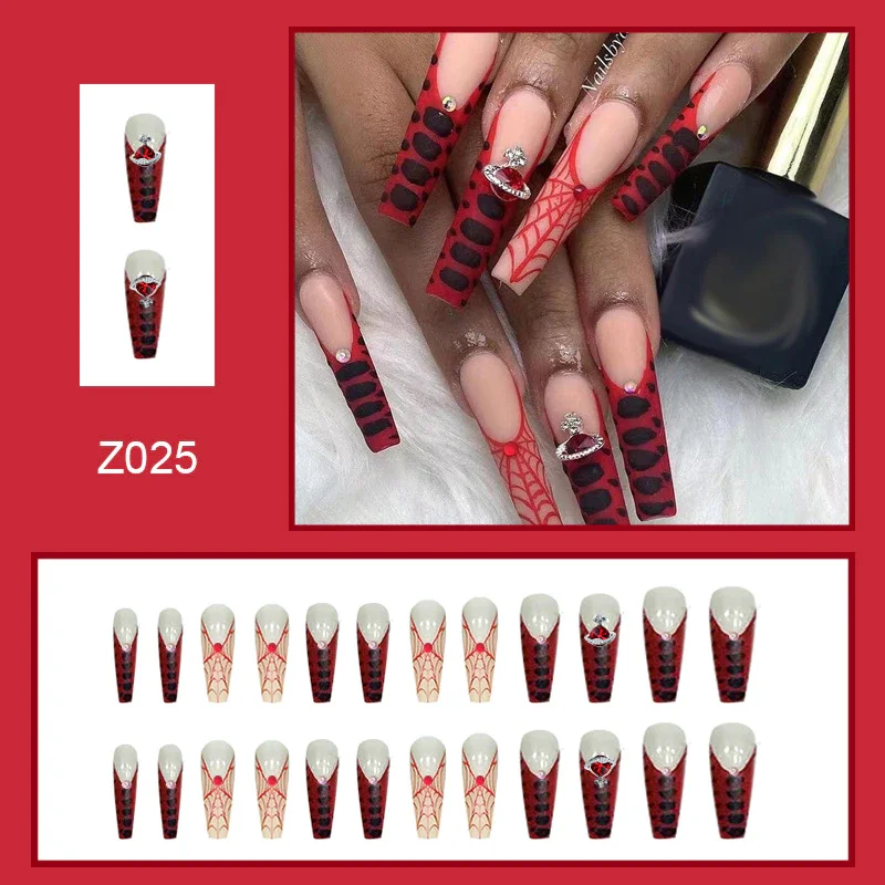 Applyw Press On Tips Nails Long Coffin False Nails Red Rhinestone Full Cover French Ballerina Fake Nails Nail Tips Manicure Tool