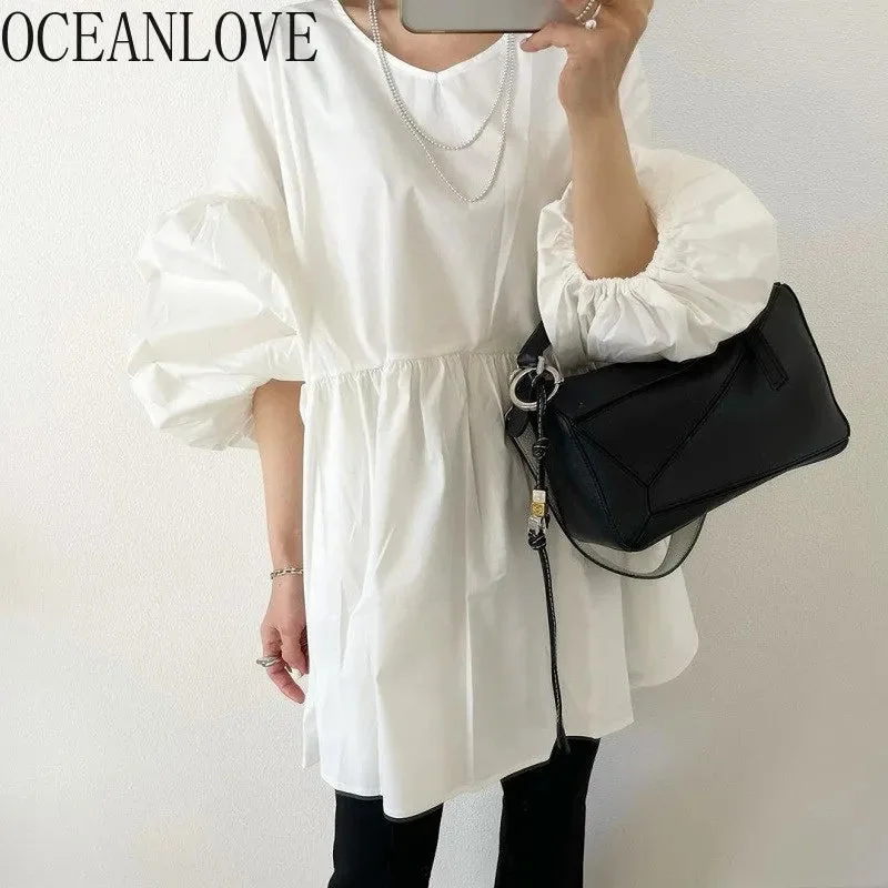 Oocharger Blusas Mujer Spring Autumn Lantern Sleeve Solid Vintage Japan Style Women Shirts Elegant Loose O Neck Blouses