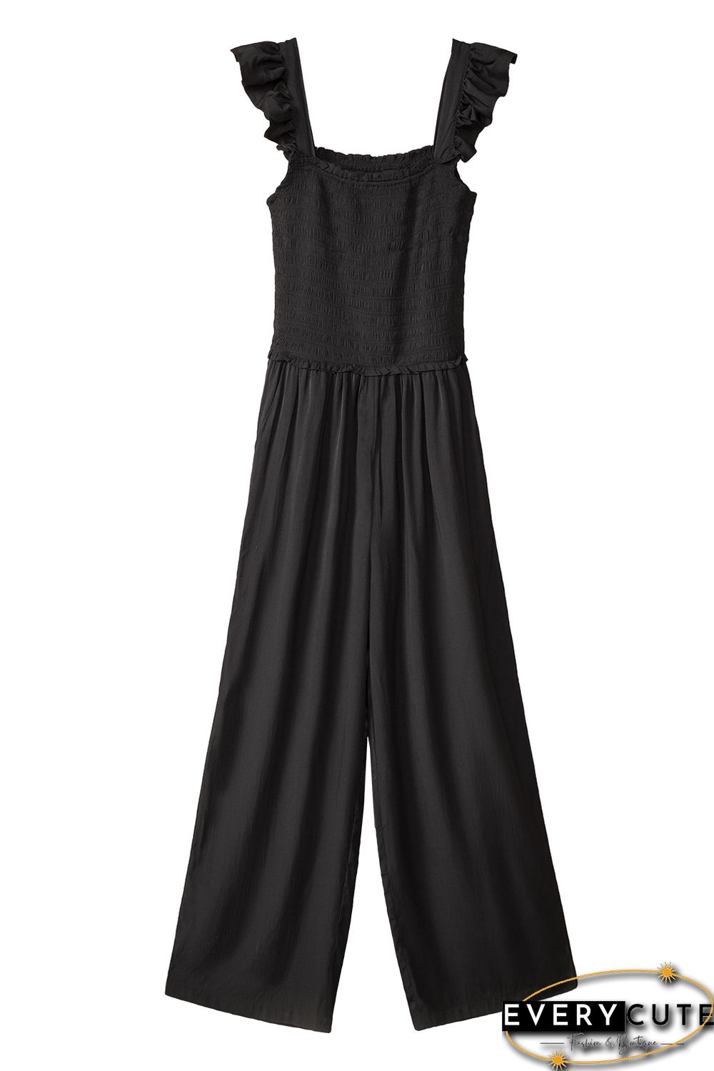 Smocked Pocketed Ruffled Sleeveless Wide Leg Jumpsuit