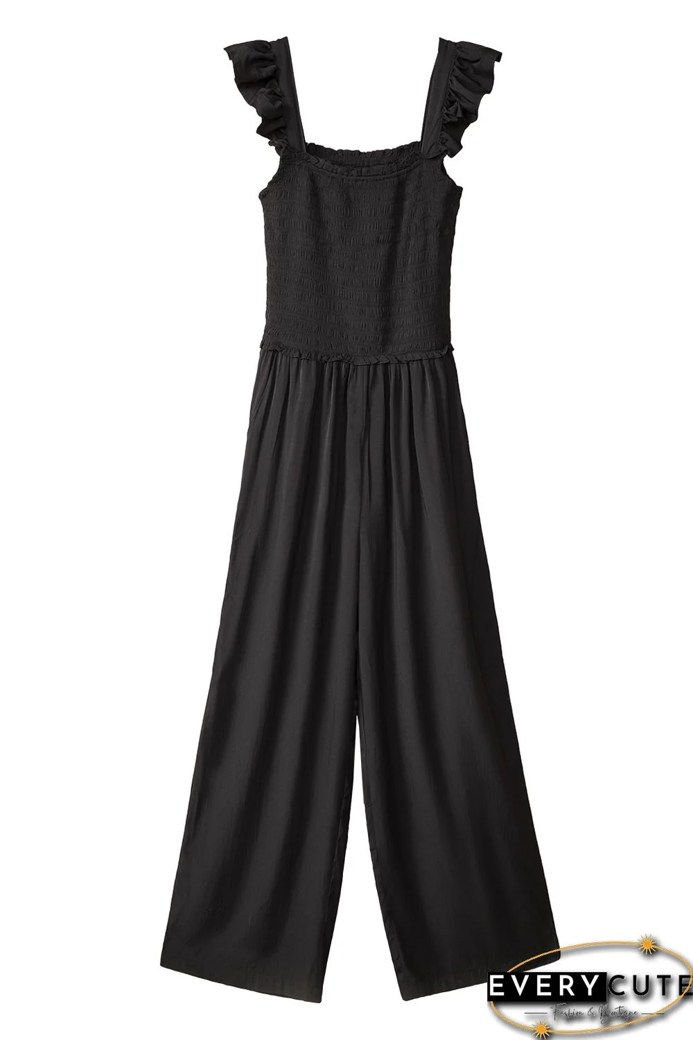 Smocked Pocketed Ruffled Sleeveless Wide Leg Jumpsuit
