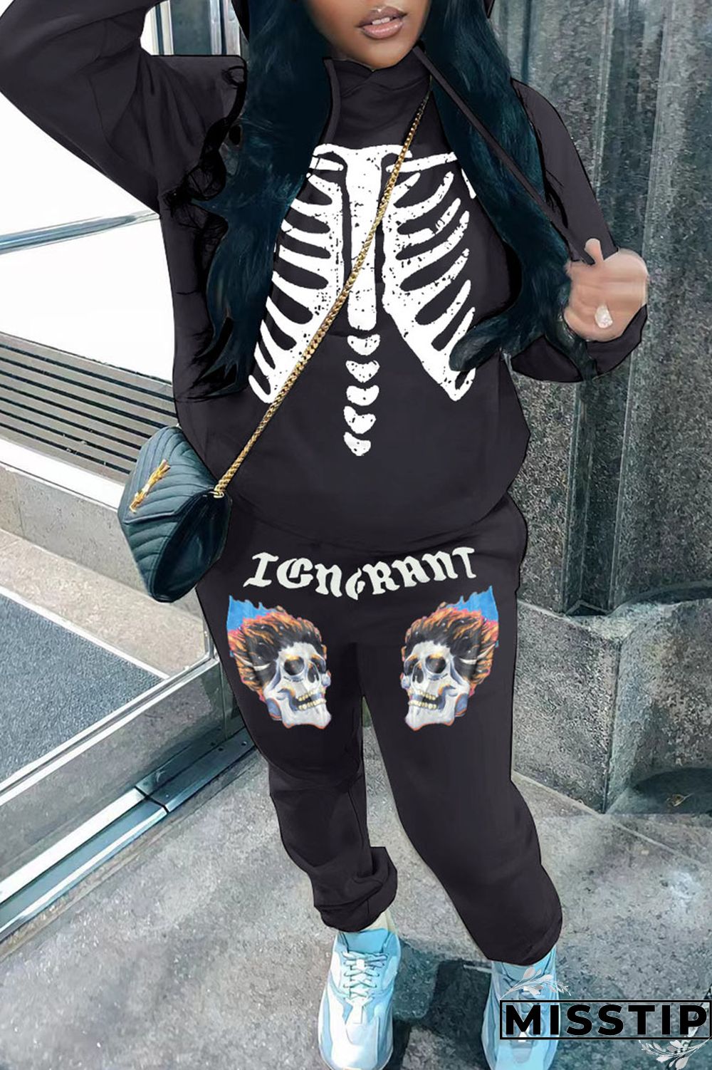 Black Casual Print Patchwork Hooded Collar Long Sleeve Two Pieces