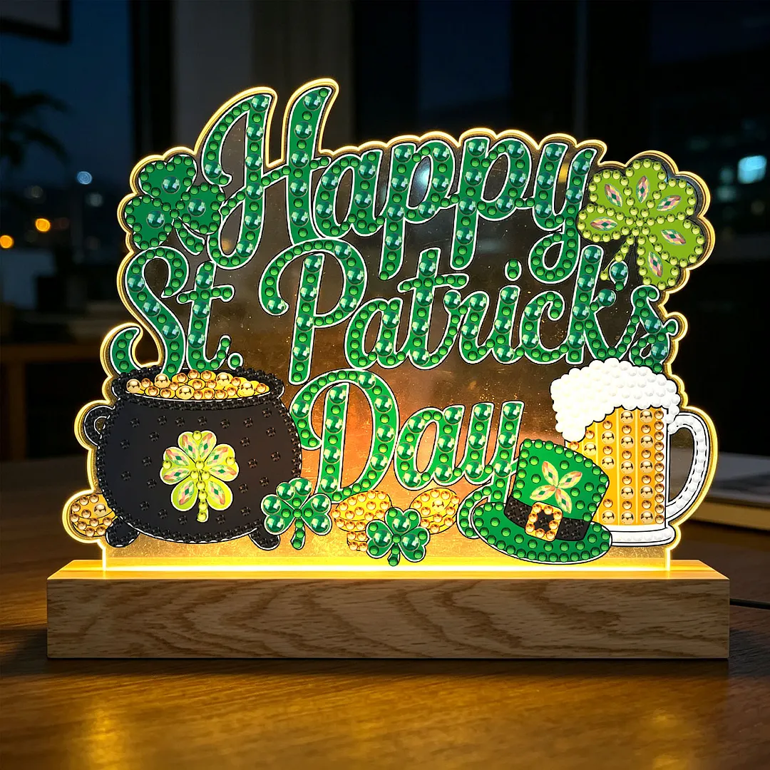 Saint Patrick DIY Acrylic Diamond Painting Night Light for Adults Beginner Diamond Art Table Lamp with Wooden Base for Woman Man Desk Bedroom Tabletop Decor