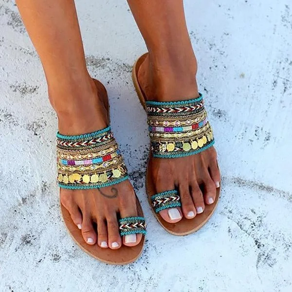 Ethnic Boho Style Toe Ring Slippers