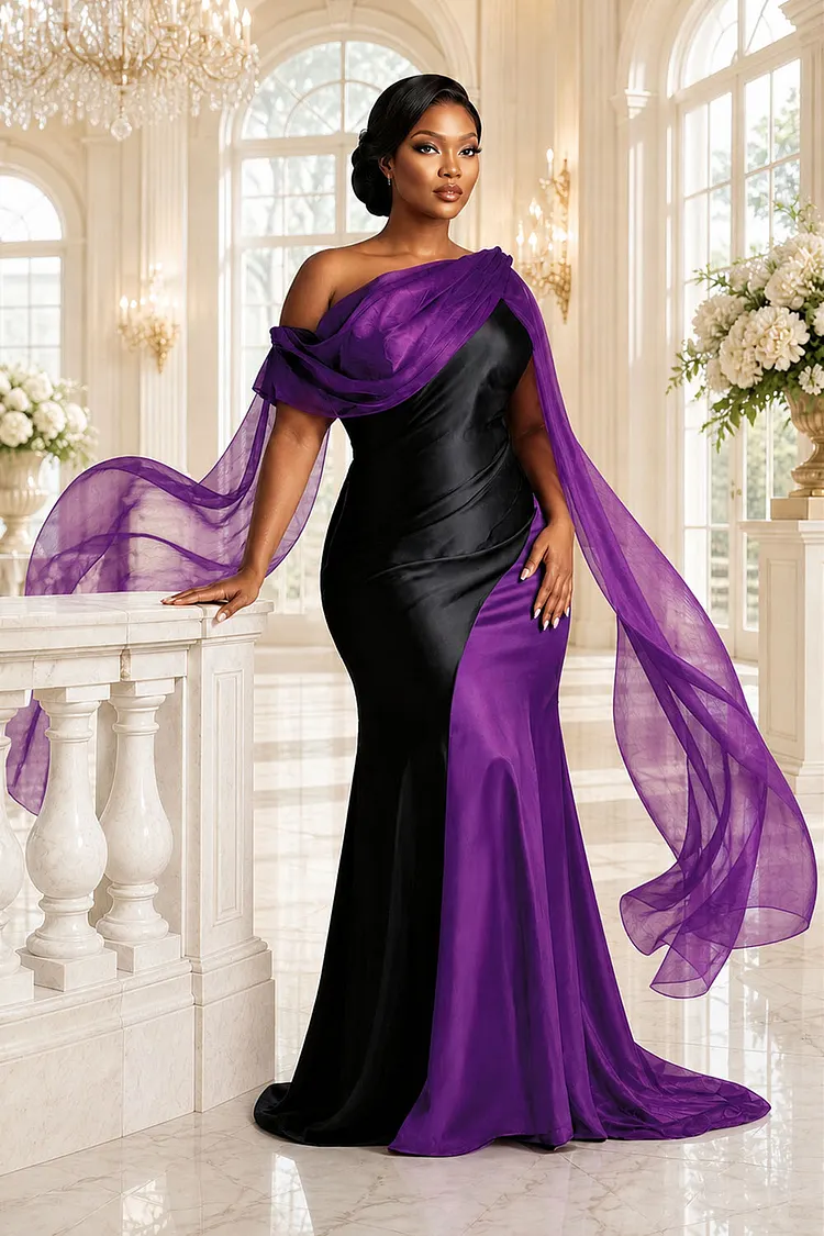formal black and purple dress Xpluswear Design Plus Size Organza Oblique Collar Draped Contrast Satin Maxi Dresses Gold-2XL/18-20 Color:Green Bean All the pictures are sparkle Mother Of The Groom