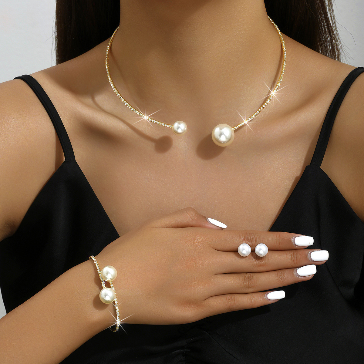 Fashion Gold Rhinestone Pearl Necklace Bracelet Three Piece Jewelry Set 2024 - Flycurvy 