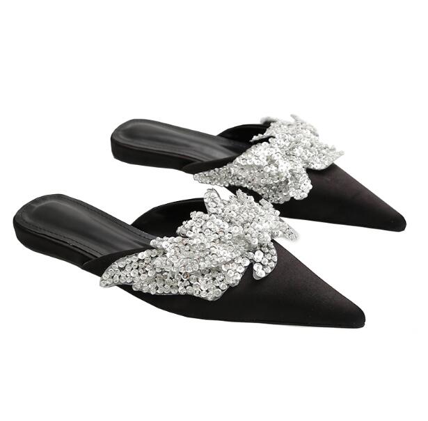 VCSHOES Black Bling Crystal Rhinestone Butterfly Knot Pointed Toe Slippers Woman Shallow Flat Mules Shoes