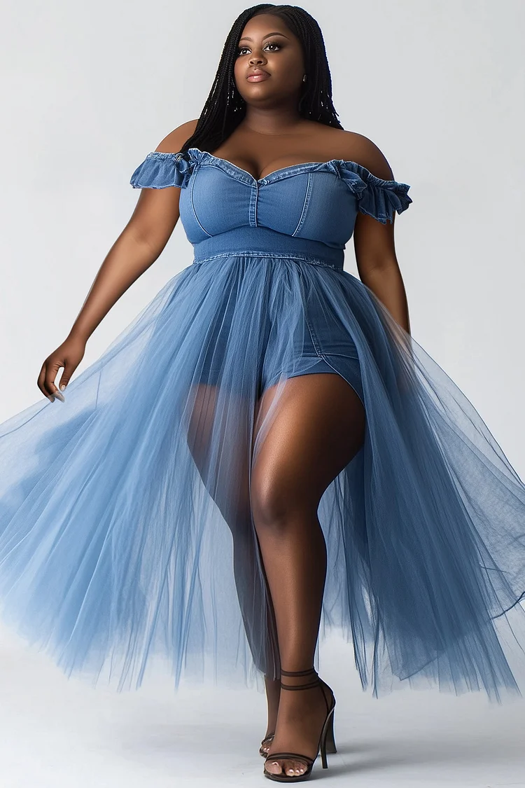 Xpluswear Design Plus Size Party Blue Casual Off The Shoulder See Through Tulle Tencel Denim Midi Dresses [Pre-Order] 2024 - Xpluswear