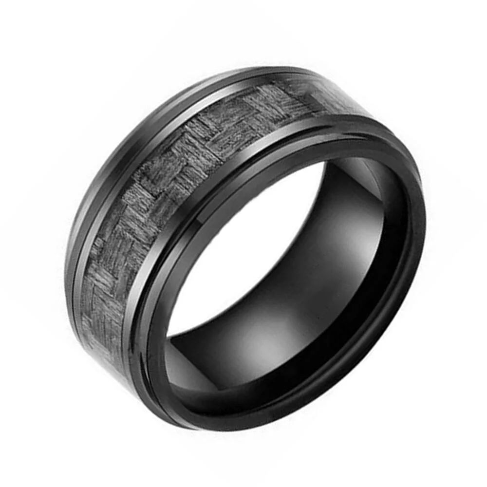 8MM Mens Tungsten Inlaid Gray Carbon Fiber Wedding Bands