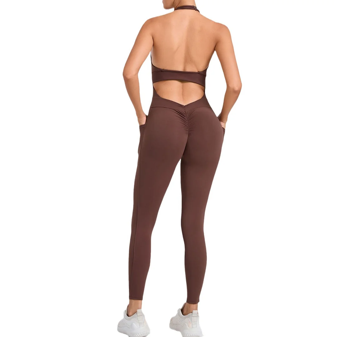 Toloer Toloer Sand Hanging Neck Type Two Side Pocket Yoga Jumpsuit Female Dance Bare Back Fitness Tight Sports Jumpsuit-Outfit Ideas