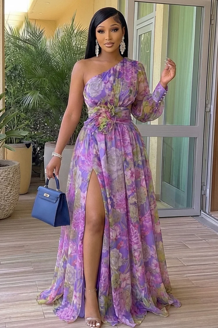 One Shoulder Cinch Waist Floral Vacation Maxi Dresses-Purple