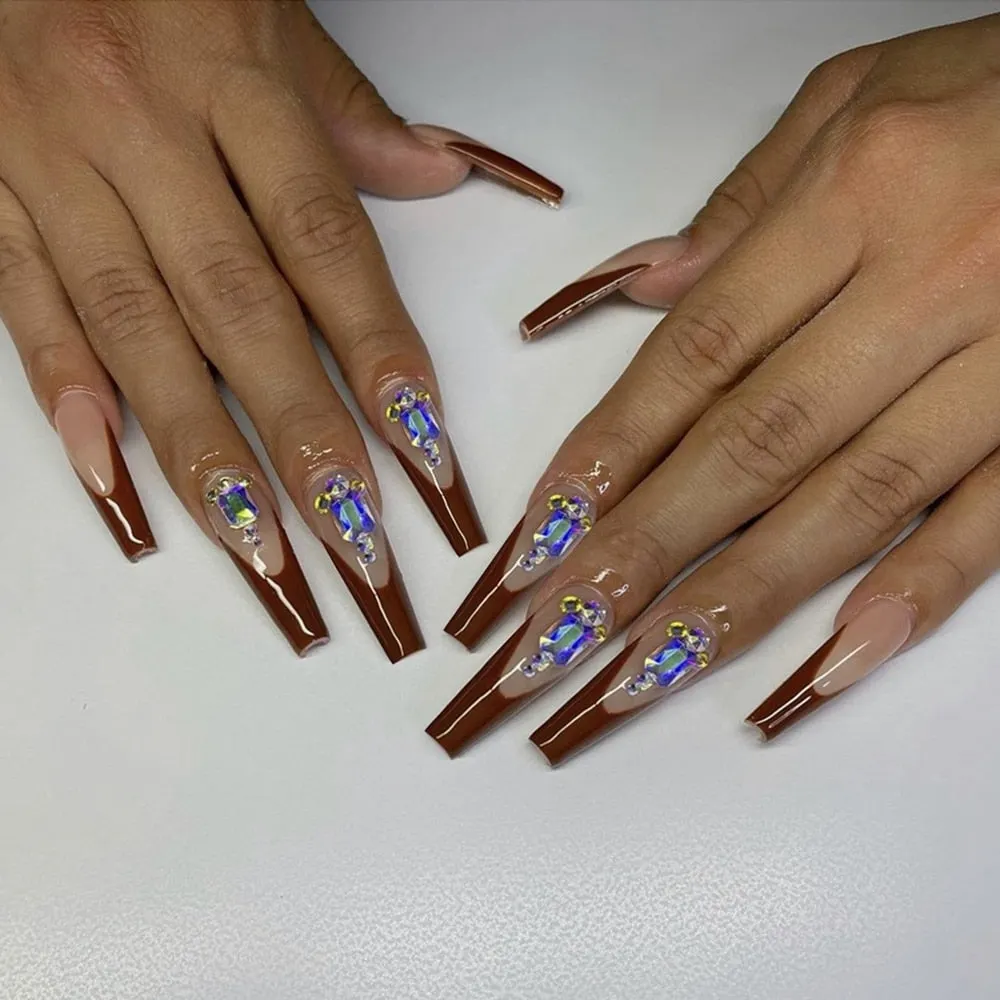 24Pcs Long French Ballerina False Nails With Rhinestone Design Wearable Coffin Fake Nails Full Cover Nail Tips Press On Nails-Nail Inspo