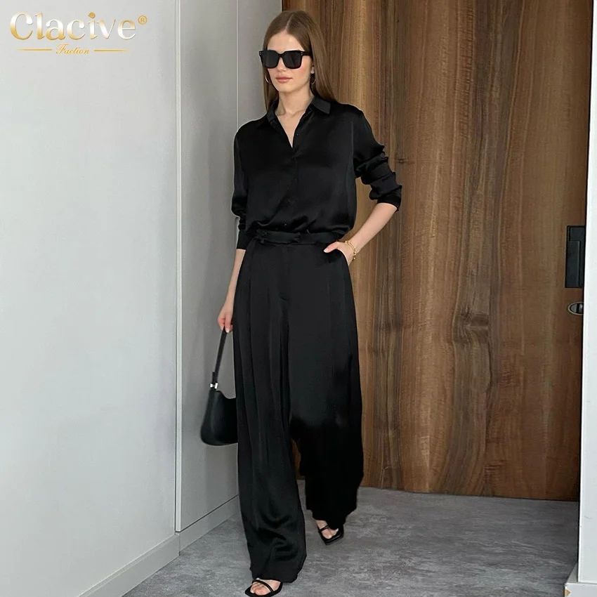 Cartoonh Fashion Black Wide Trouser Suits Casual Blouse Office Two Piece Set Women