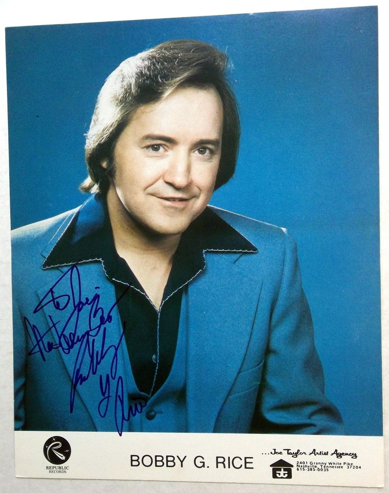 BOBBY G. RICE Autographed 8 x 10 promo Photo Poster painting 70's 80's COUNTRY Western SINGER