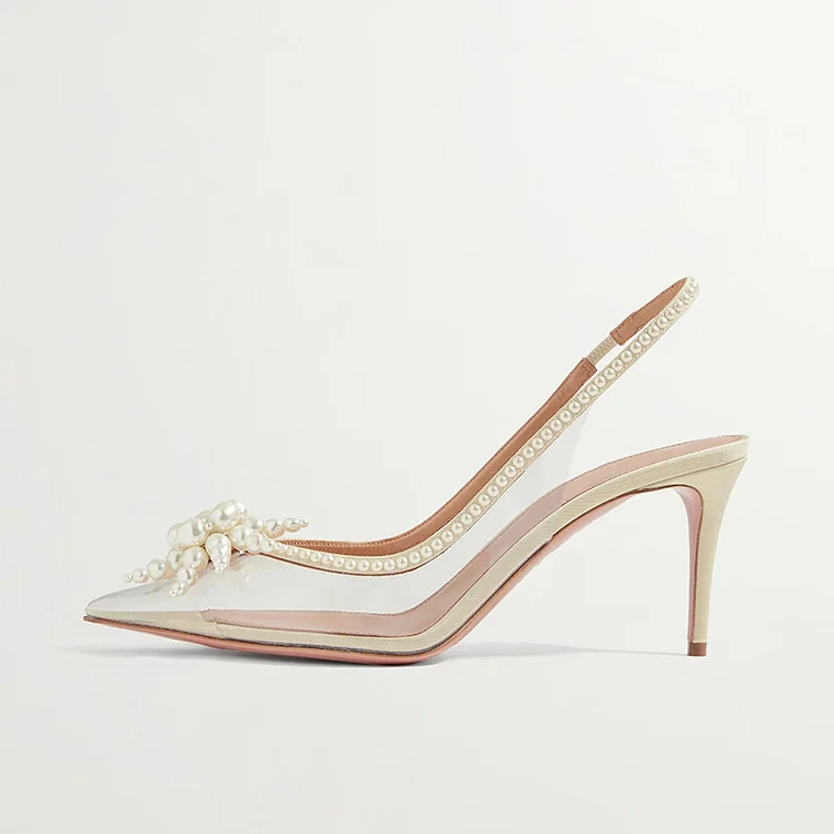 Ivory Pearl Trim Bridal Shoes Pointed Toe Slingback Clear Pumps |FSJ Shoes