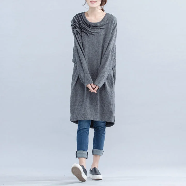 light gray unique cotton dress plus size Cinched batwing sleeve dress