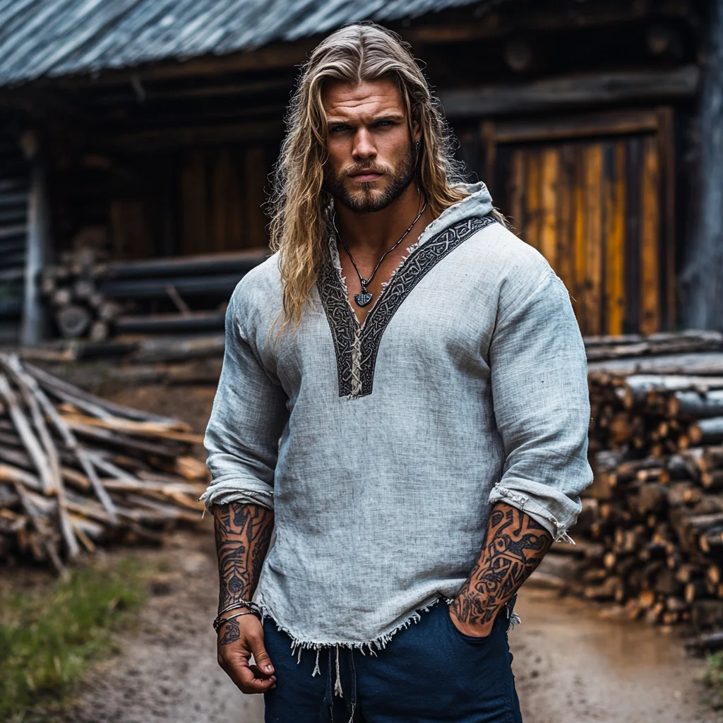  Viking-Inspired Embroidered Hooded Tunic for Men-inspireuse